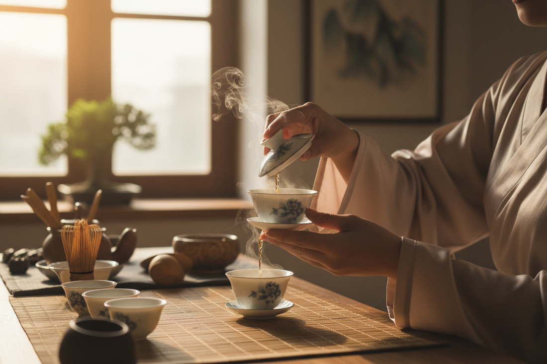 A serene Chinese tea ceremony with golden tea being poured from a gaiwan