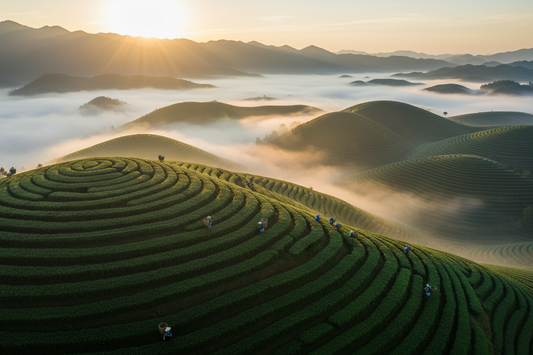 Aerial view of lush green tea mountain terraces at sunrise with farmers harvesting